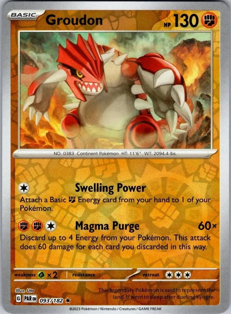 Groudon reverse holo card front, Paradox Rift 93/182