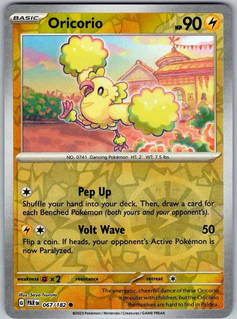 Oricorio reverse holo card front, Paradox Rift 67/182