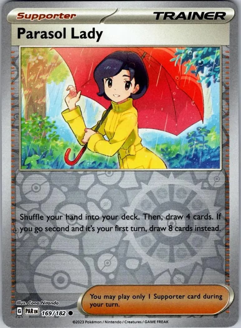 Parasol Lady reverse holo card front, Paradox Rift 169/182