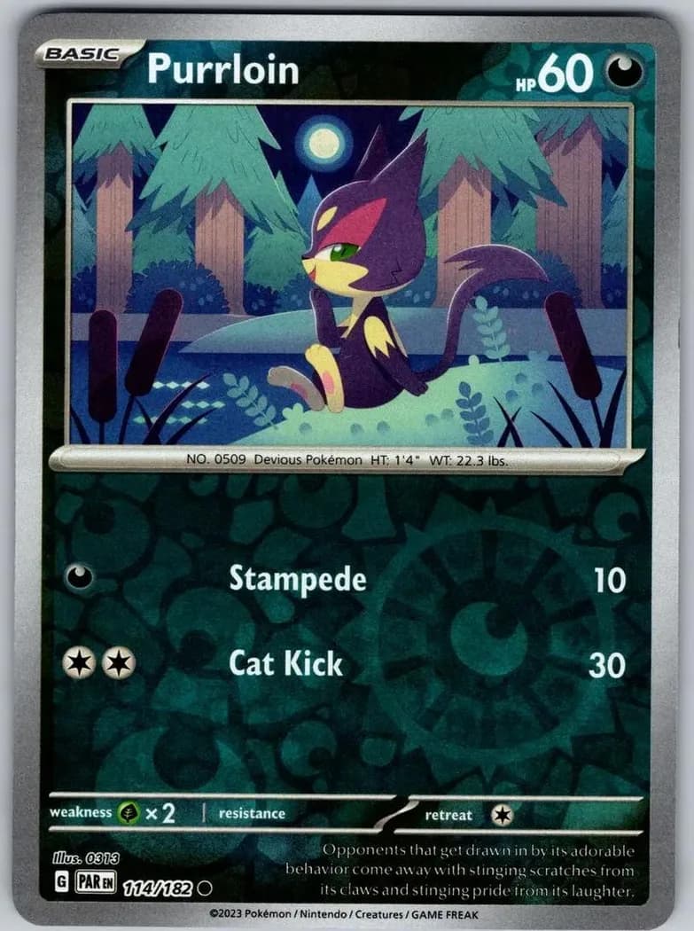 Purrloin reverse holo card front, Paradox Rift 114/182