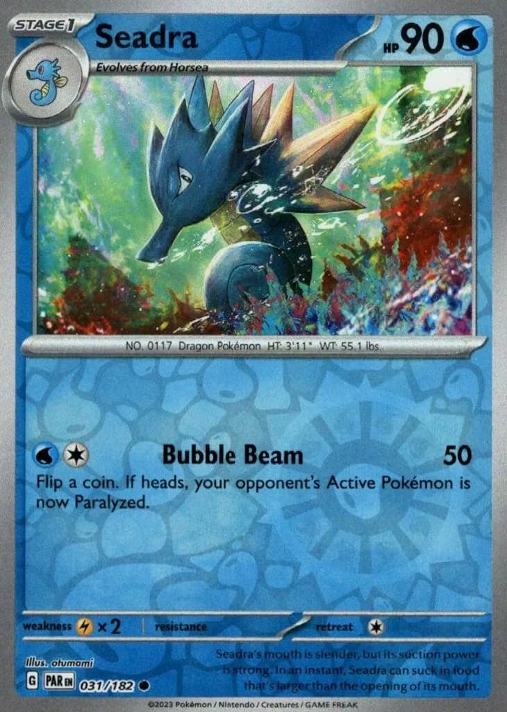 Seadra reverse holo card front, Paradox Rift 31/182