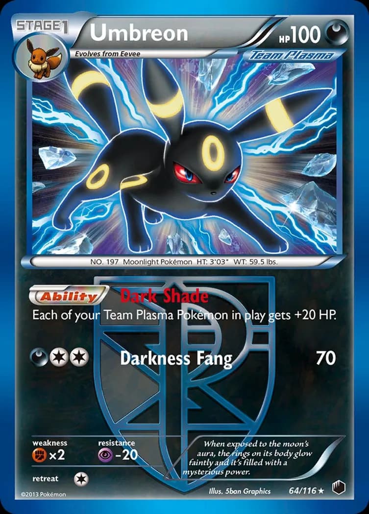 Umbreon reverse holo card front, Plasma Freeze 64/116