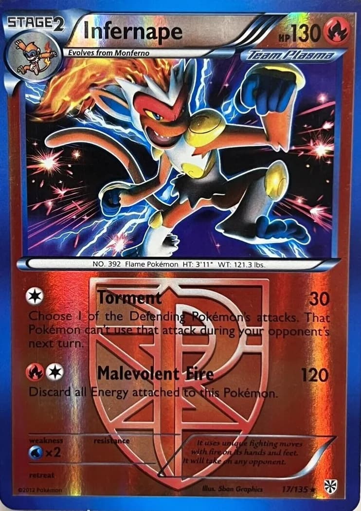 Infernape reverse holo card front, Plasma Storm 17/135