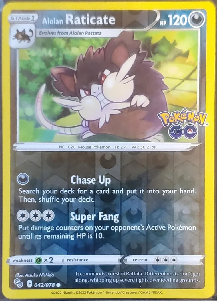 Alolan Raticate reverse holo card front, Pokémon GO 42/78