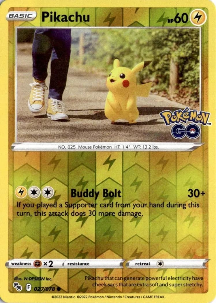 Pokémon GO Pikachu reverse holo card front, 27/78