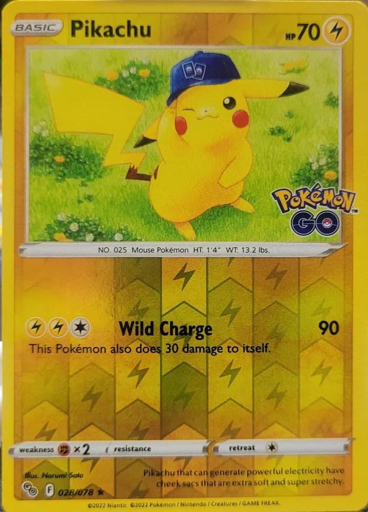 Pokémon GO Pikachu reverse holo card front, 28/78