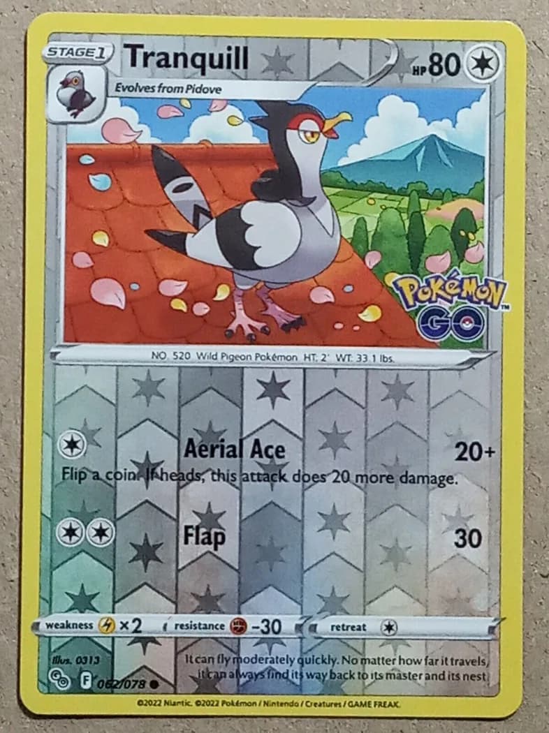 Tranquill reverse holo card front, Pokémon GO 62/78