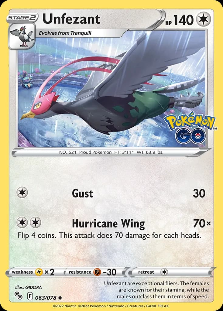 Unfezant, Pokémon GO 63/78, English non-holo base-card reference; reverse-holo finish is not shown