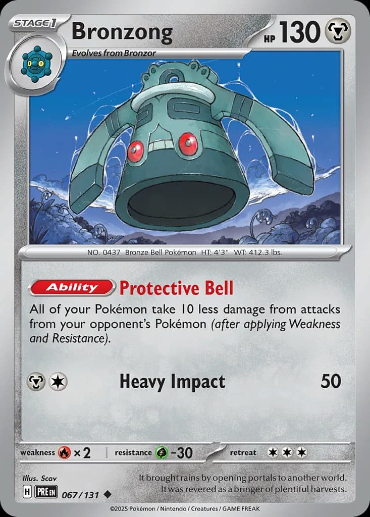 Bronzong, Prismatic Evolutions 67/131, English non-holo base-card reference; reverse-holo finish is not shown