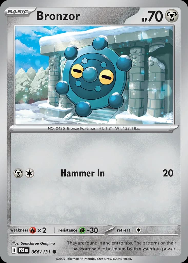 Bronzor, Prismatic Evolutions 66/131, English non-holo base-card reference; reverse-holo finish is not shown