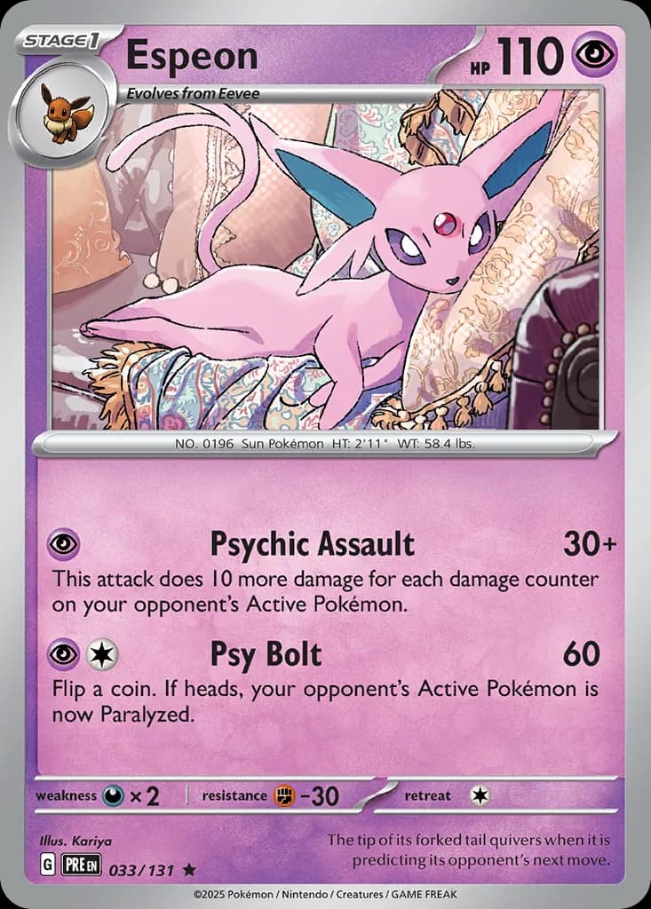 Espeon, Prismatic Evolutions 33/131, English holo base-card reference; reverse-holo finish is not shown