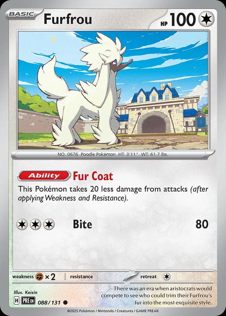 Furfrou, Prismatic Evolutions 88/131, English non-holo base-card reference; reverse-holo finish is not shown