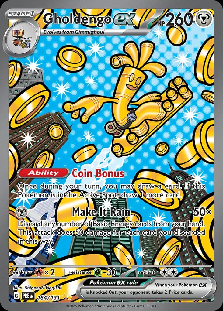 Prismatic Evolutions Gholdengo ex card front, 164/131