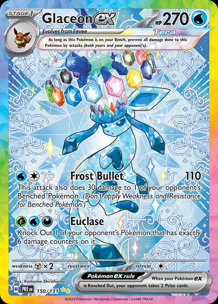 Prismatic Evolutions Glaceon ex card front, 150/131