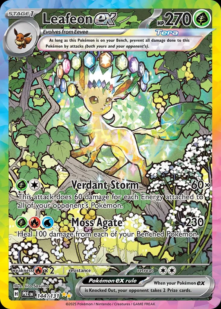 Prismatic Evolutions Leafeon ex card front, 144/131