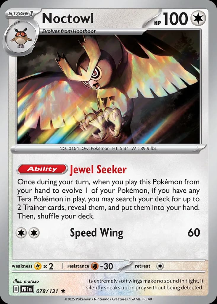 Prismatic Evolutions Noctowl card front, 78/131