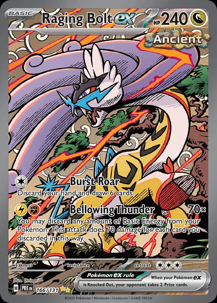 Prismatic Evolutions Raging Bolt ex card front, 166/131