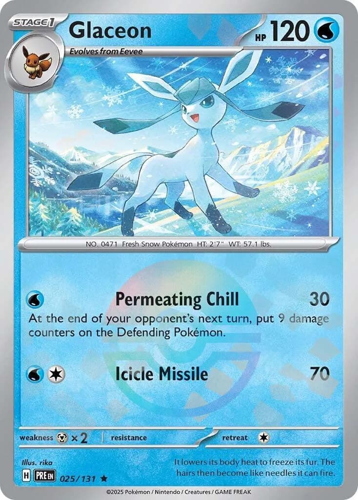 Glaceon reverse holo card front, Prismatic Evolutions 25/131