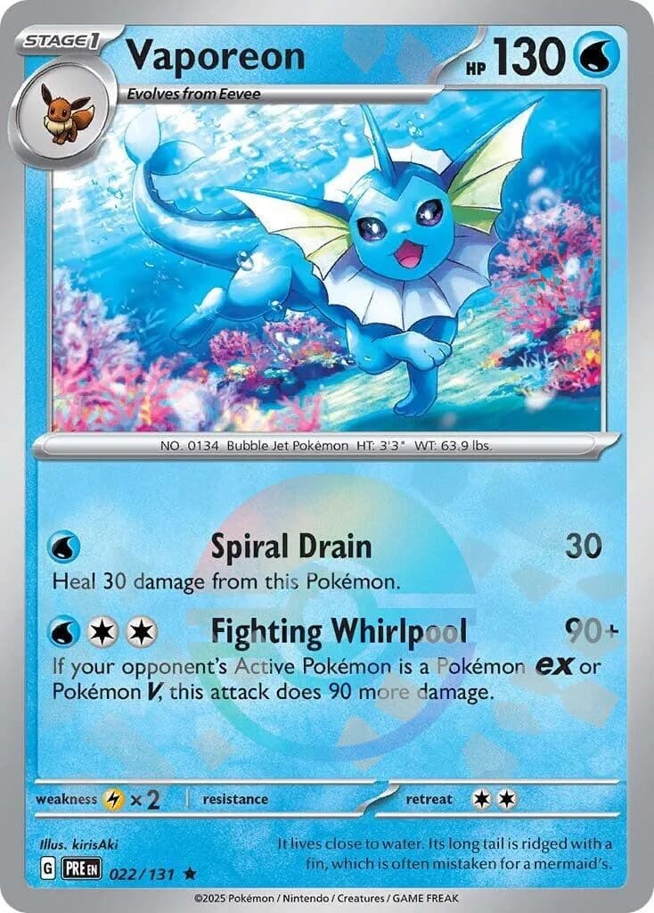 Vaporeon reverse holo card front, Prismatic Evolutions 22/131