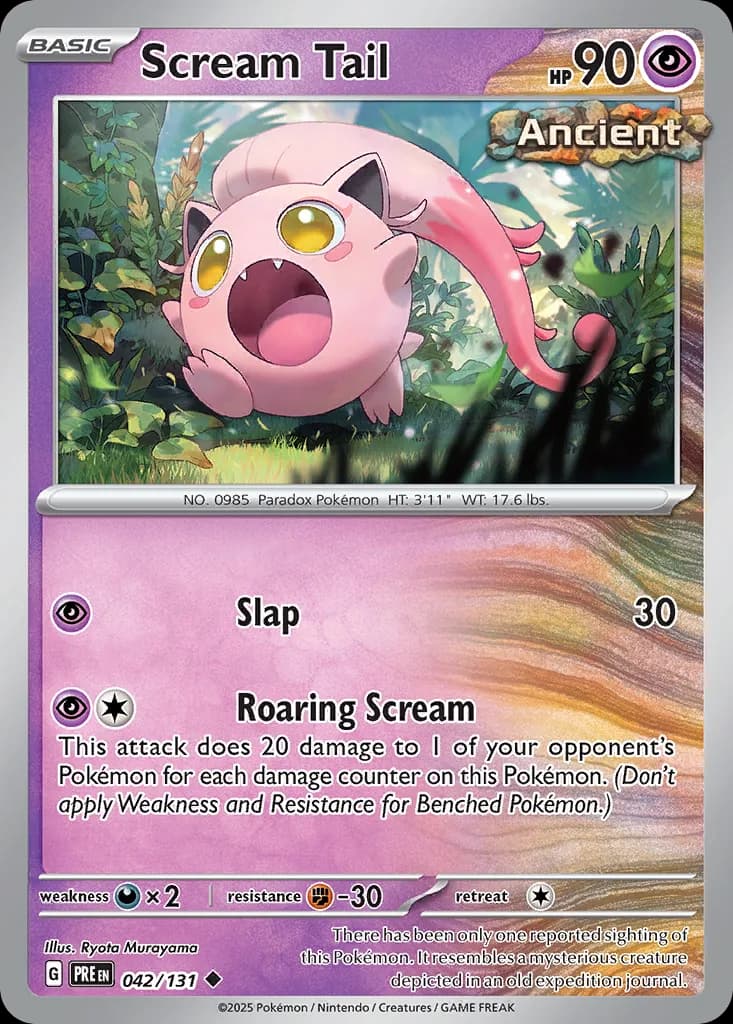 Scream Tail, Prismatic Evolutions 42/131, English non-holo base-card reference; reverse-holo finish is not shown
