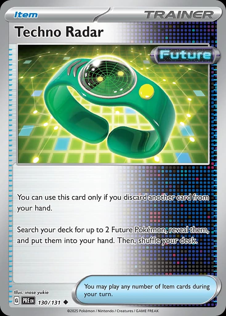 Techno Radar, Prismatic Evolutions 130/131, English non-holo base-card reference; reverse-holo finish is not shown