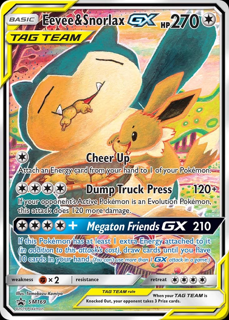 Eevee & Snorlax-GX, SM Black Star Promos SM169, English holo card front