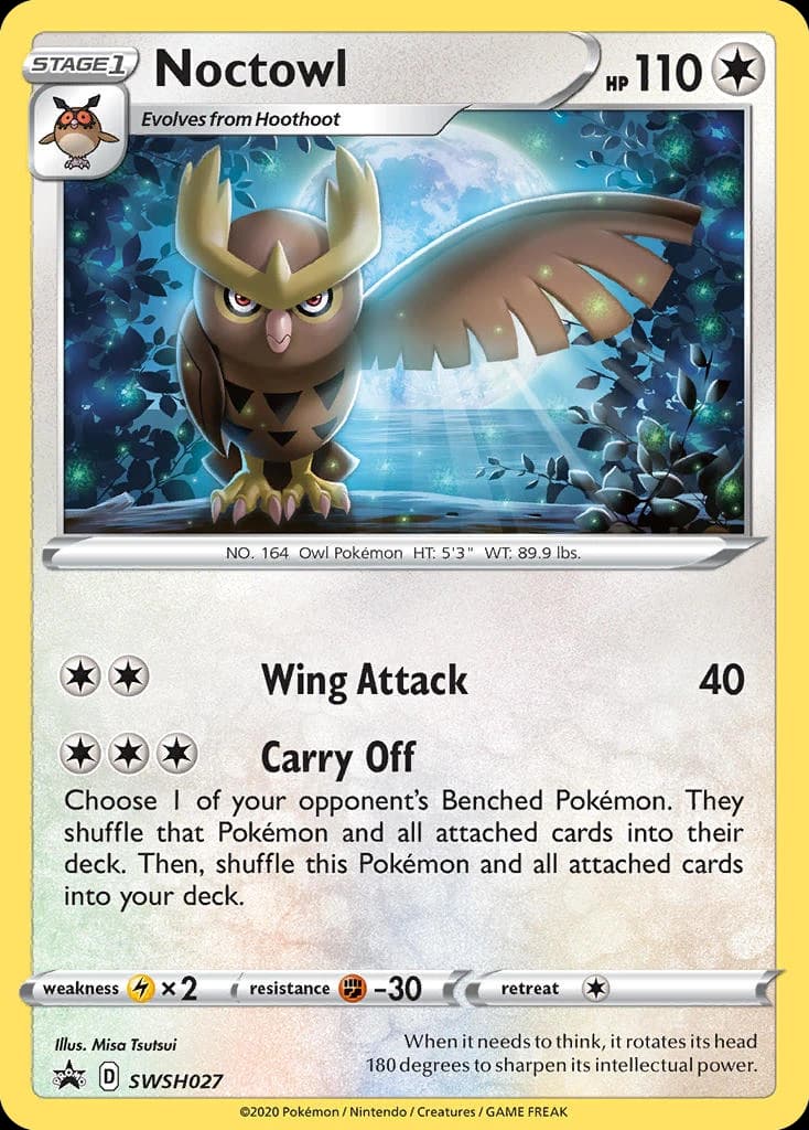 Noctowl, SWSH Black Star Promos SWSH027, English holo card front