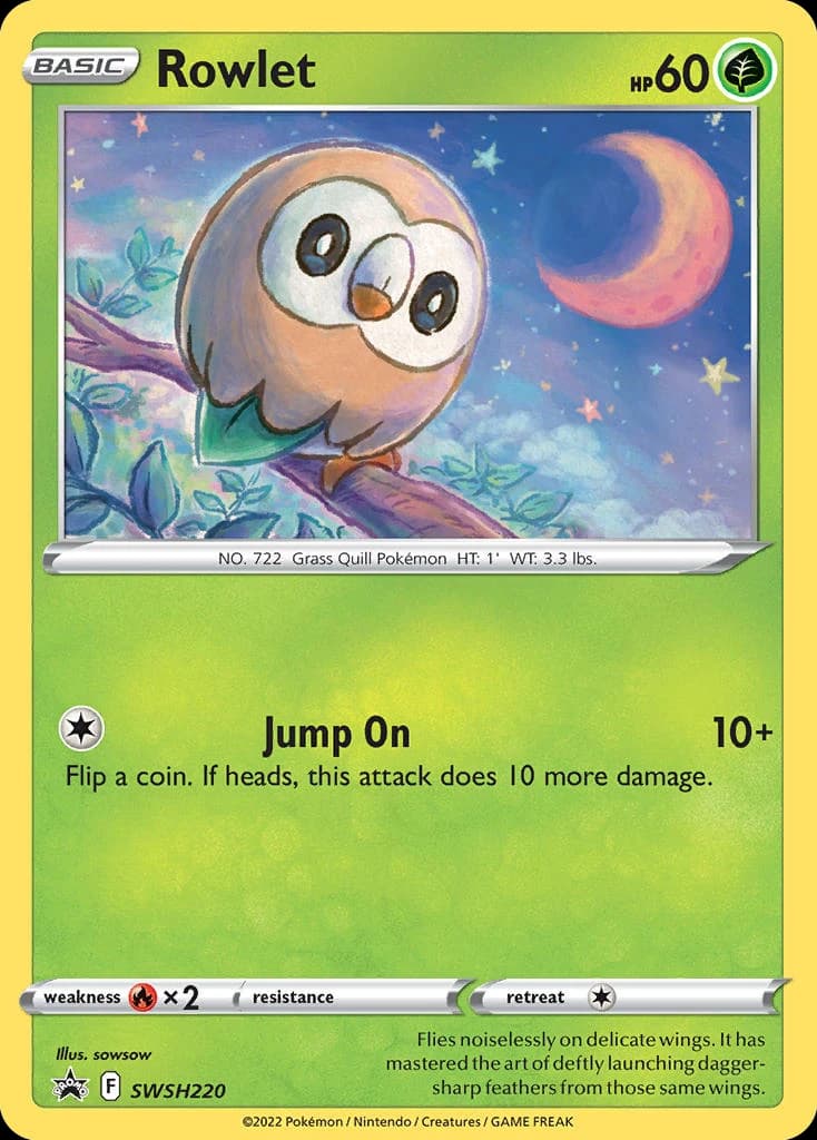 Rowlet, SWSH Black Star Promos SWSH220, English holo card front