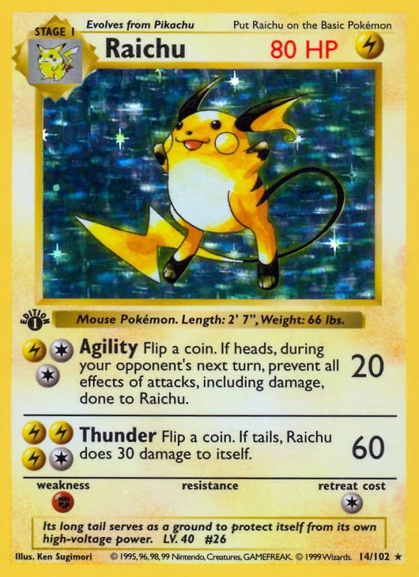 Raichu, Base Set 14/102; representative English card scan; edition, finish and stamps may differ