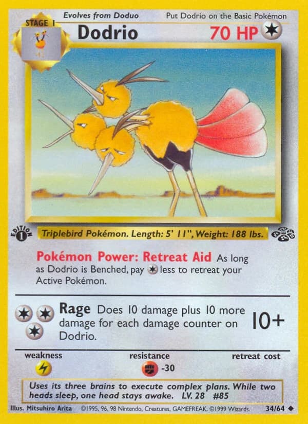Dodrio, Jungle 34/64; representative English card scan; edition, finish and stamps may differ