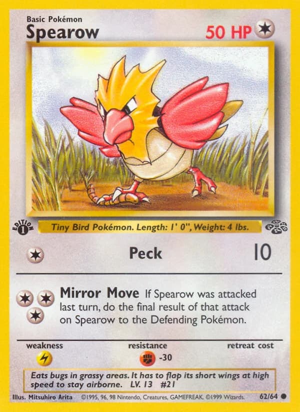 Spearow, Jungle 62/64; representative English card scan; edition, finish and stamps may differ