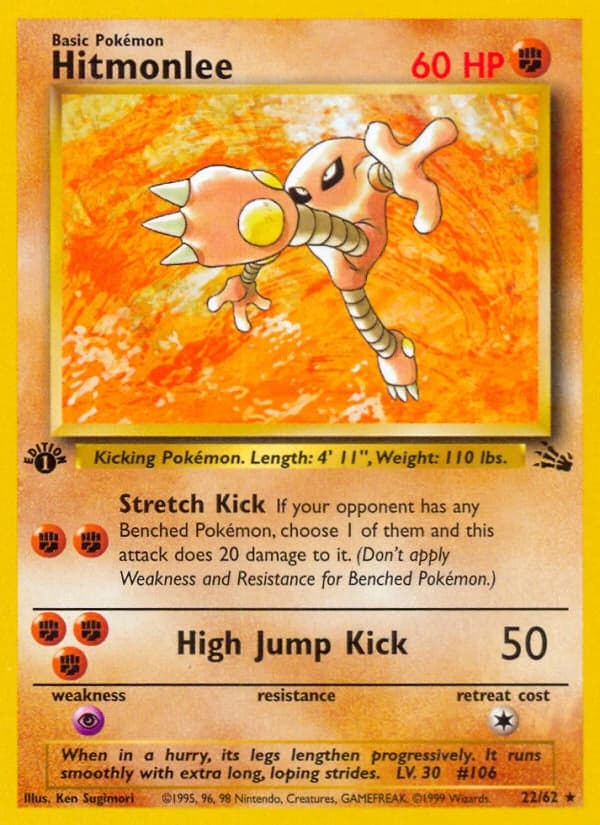 Hitmonlee, Fossil 22/62; representative English card scan; edition, finish and stamps may differ