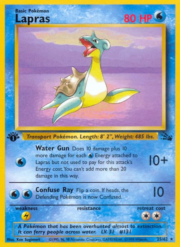 Lapras, Fossil 25/62; representative English card scan; edition, finish and stamps may differ