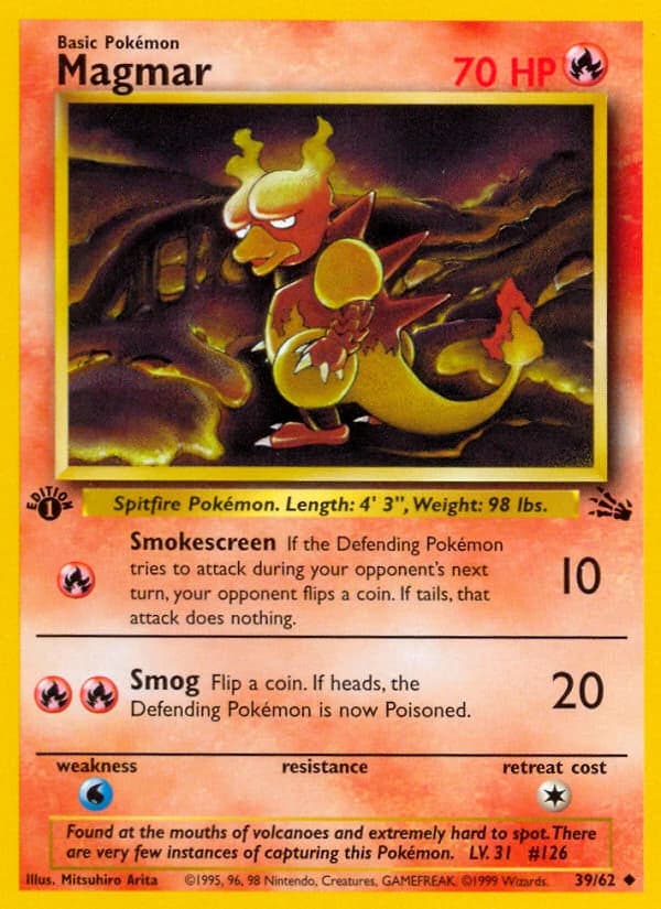 Magmar, Fossil 39/62; representative English card scan; edition, finish and stamps may differ