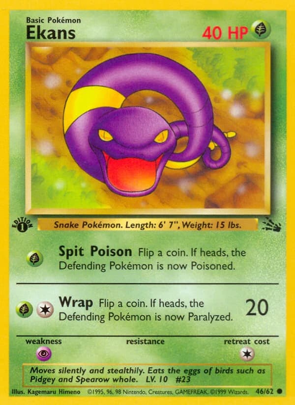 Ekans, Fossil 46/62; representative English card scan; edition, finish and stamps may differ