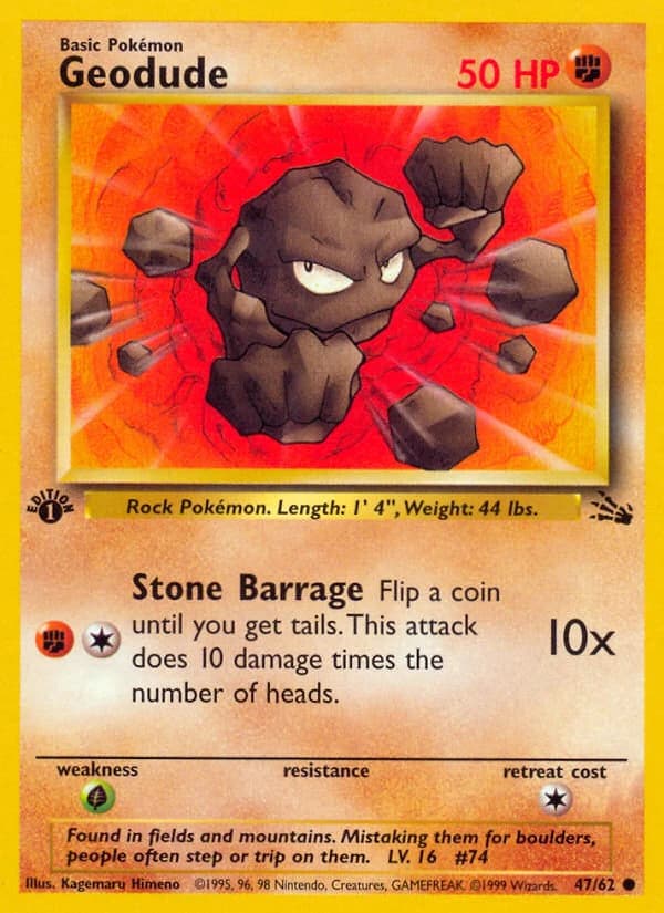 Geodude, Fossil 47/62; representative English card scan; edition, finish and stamps may differ
