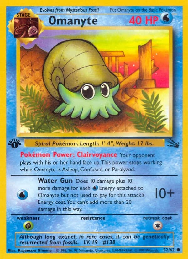 Omanyte, Fossil 52/62; representative English card scan; edition, finish and stamps may differ