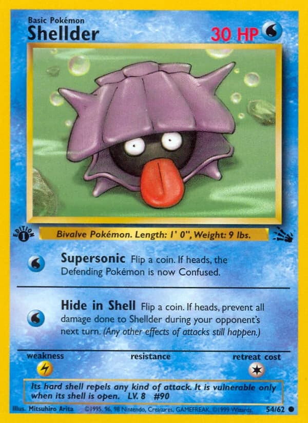 Shellder, Fossil 54/62; representative English card scan; edition, finish and stamps may differ