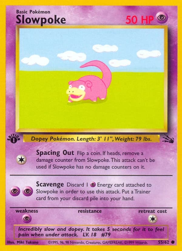 Slowpoke, Fossil 55/62; representative English card scan; edition, finish and stamps may differ
