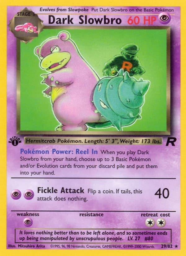 Dark Slowbro, Team Rocket 29/82; representative English card scan; edition, finish and stamps may differ