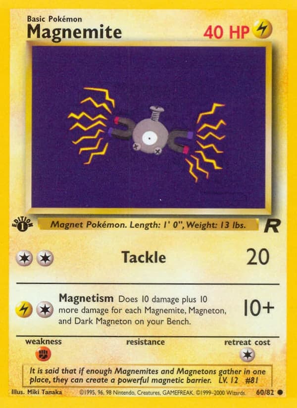 Magnemite, Team Rocket 60/82; representative English card scan; edition, finish and stamps may differ