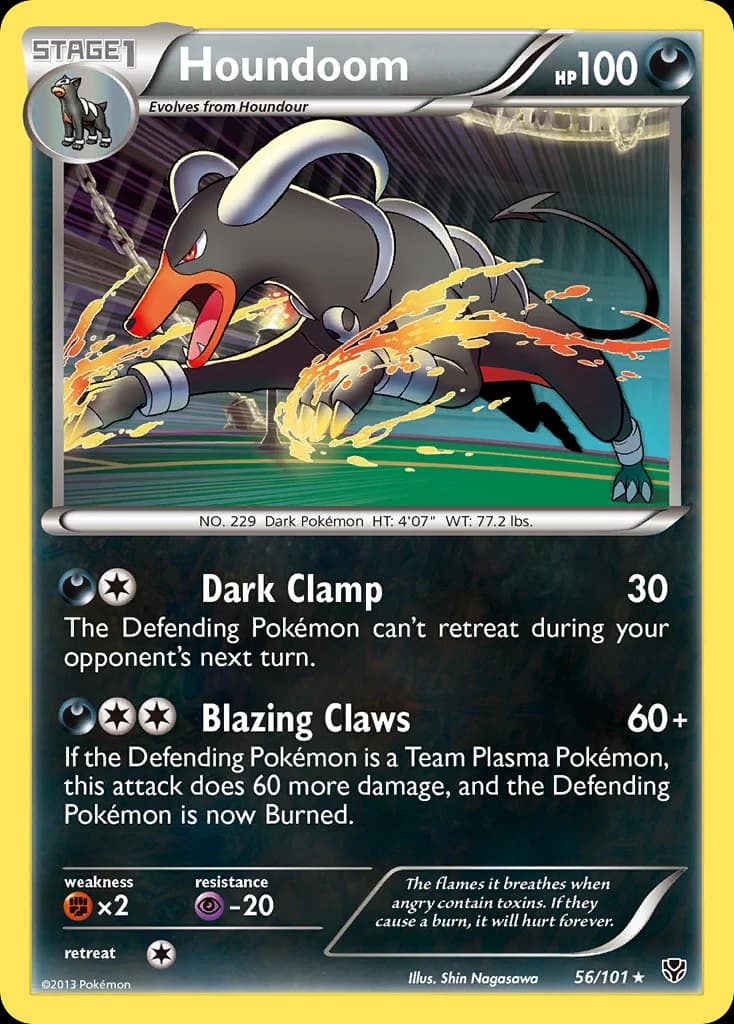 Houndoom, Plasma Blast 56/101; representative English card scan; edition, finish and stamps may differ