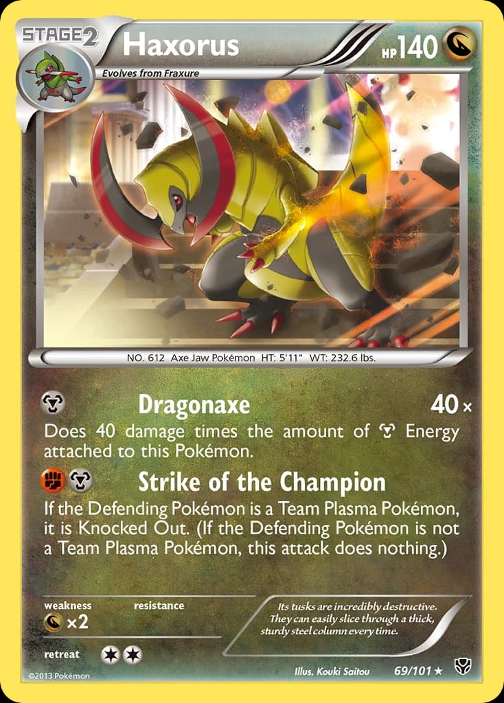 Haxorus, Plasma Blast 69/101; representative English card scan; edition, finish and stamps may differ