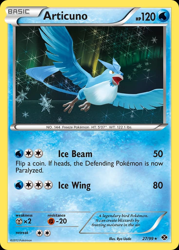 Articuno, Next Destinies 27/99; representative English card scan; edition, finish and stamps may differ