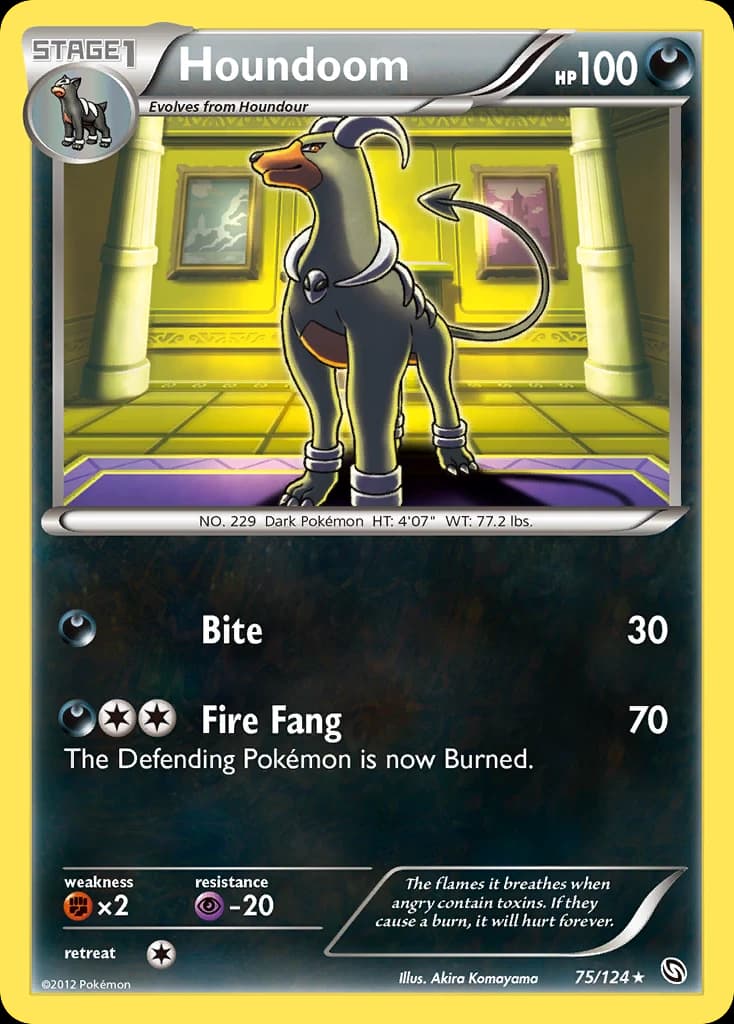 Houndoom, Dragons Exalted 75/124; representative English card scan; edition, finish and stamps may differ