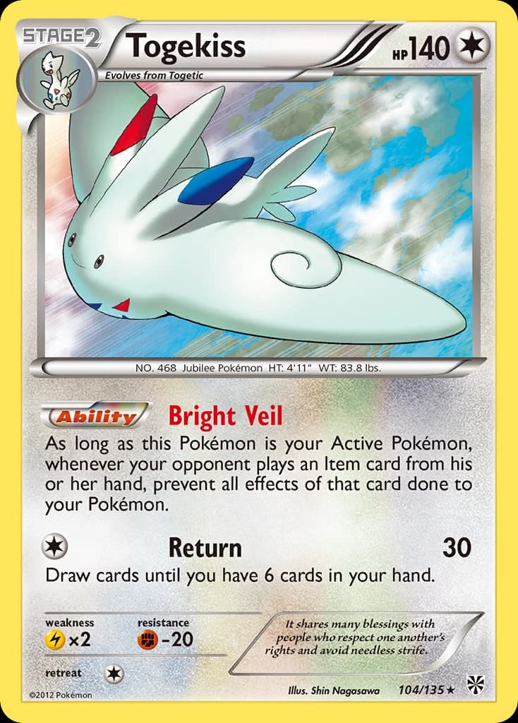 Togekiss, Plasma Storm 104/135; representative English card scan; edition, finish and stamps may differ