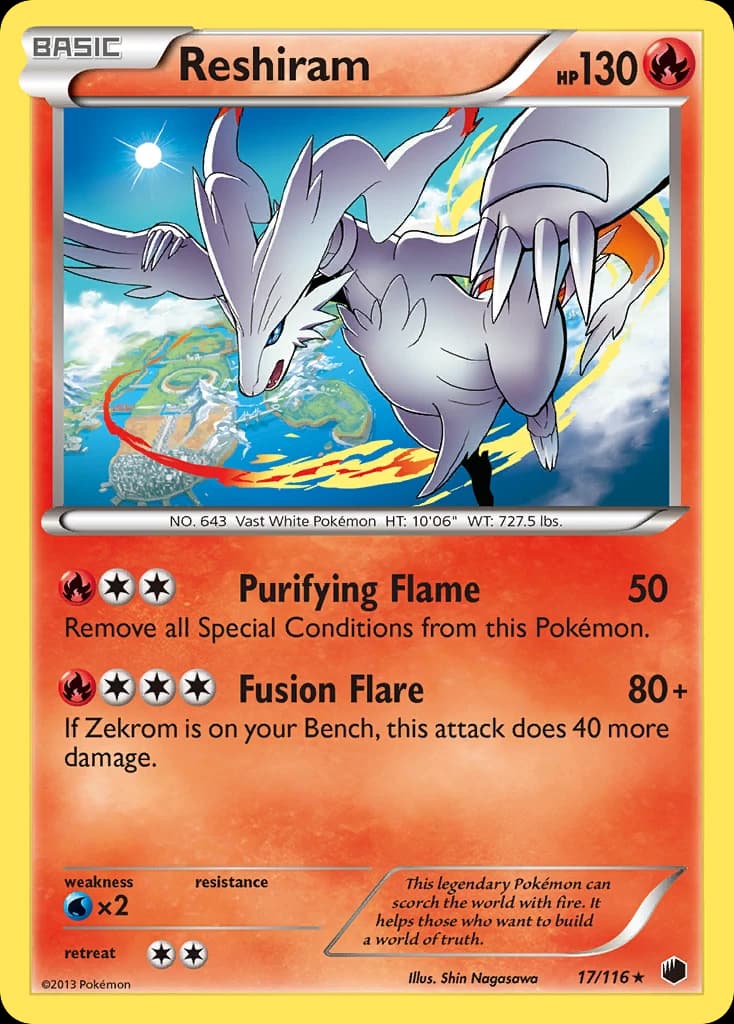 Reshiram, Plasma Freeze 17/116; representative English card scan; edition, finish and stamps may differ