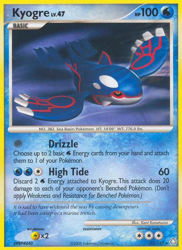 Kyogre, Legends Awakened 32/146; representative English card scan; edition, finish and stamps may differ