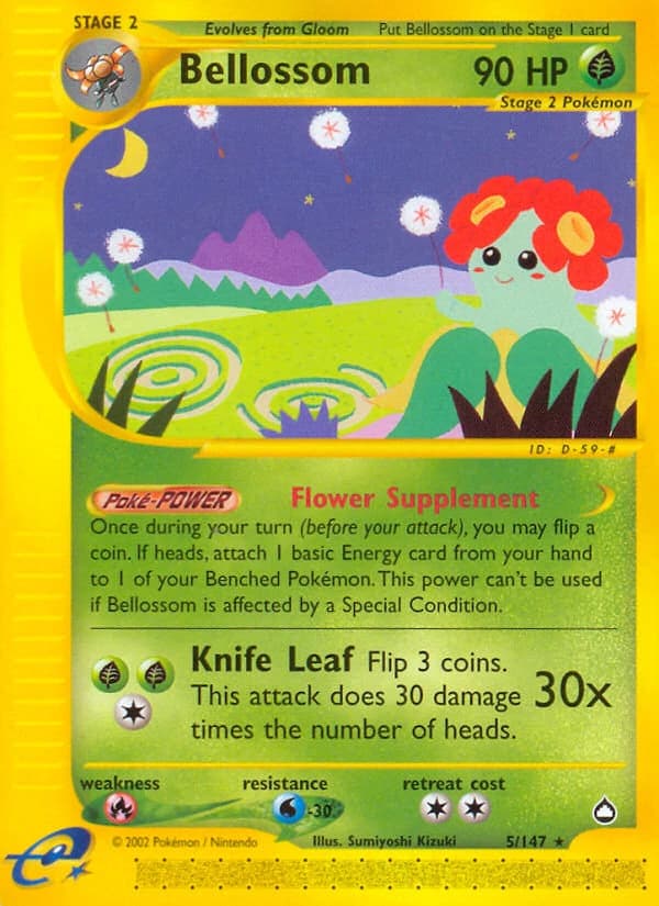 Bellossom, Aquapolis 5/147; representative English card scan; edition, finish and stamps may differ
