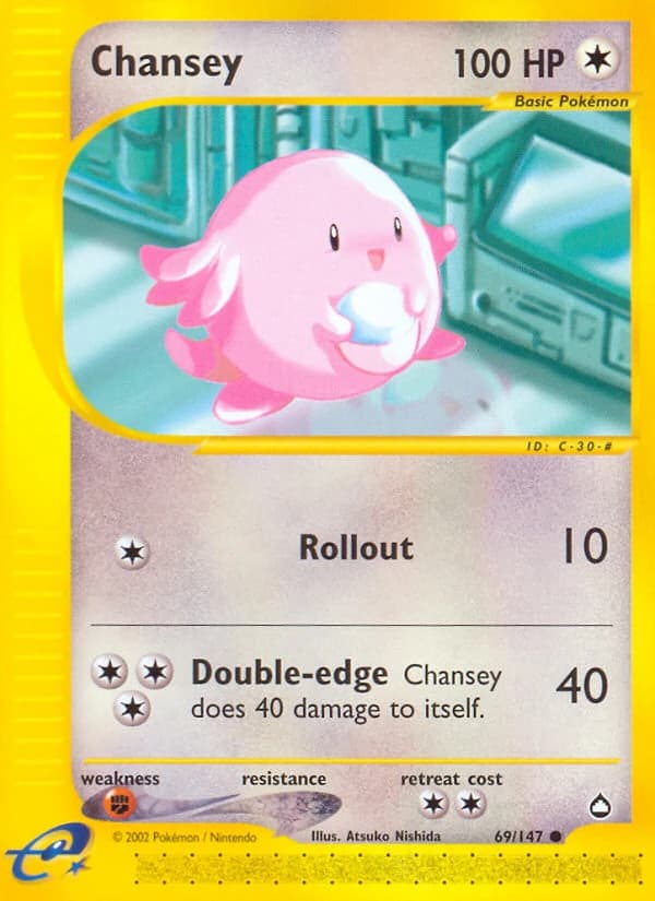 Chansey, Aquapolis 69/147; representative English card scan; edition, finish and stamps may differ